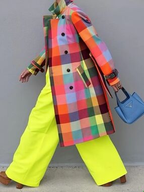 Rainbow Plaid Double-Breasted Trench Coat with Belt and Pockets